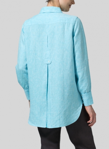 Aqua Blue Linen Long Sleeve Uneven Hem Shirt