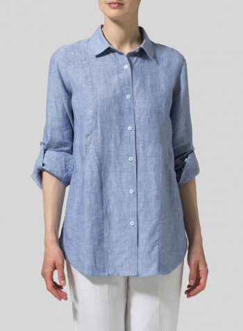 Cerulean Blue Linen Long Sleeve Uneven Hem Shirt