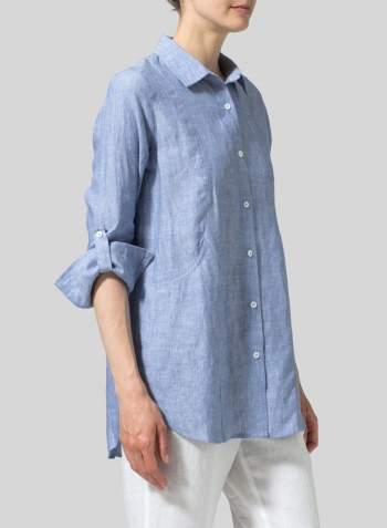 Cerulean Blue Linen Long Sleeve Uneven Hem Shirt