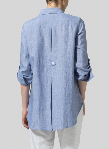 Cerulean Blue Linen Long Sleeve Uneven Hem Shirt