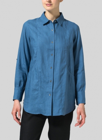 Steel Blue Linen Long Sleeve Uneven Hem Shirt