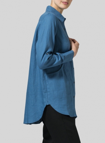 Steel Blue Linen Long Sleeve Uneven Hem Shirt