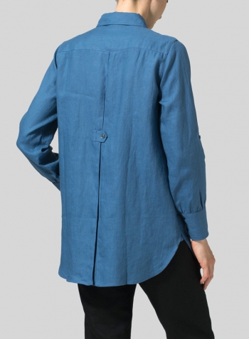 Steel Blue Linen Long Sleeve Uneven Hem Shirt