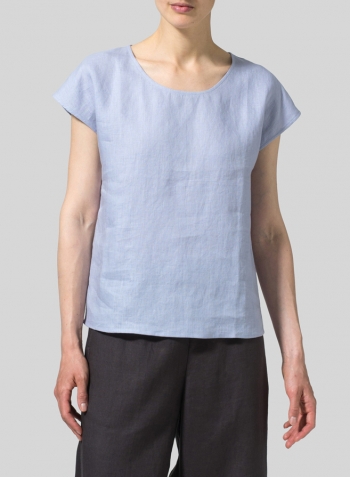 Light Sky Blue Linen Short Dolman Sleeve Top