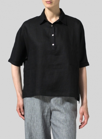 Black Linen Classic Collar Short Sleeves Shirt