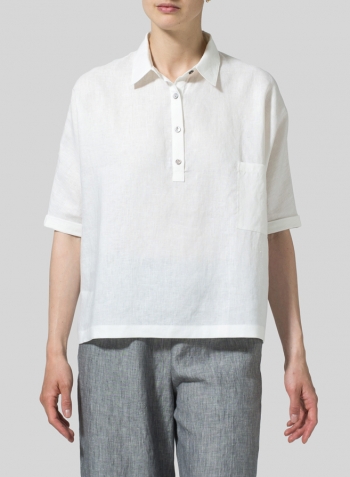 White Linen Classic Collar Short Sleeves Shirt