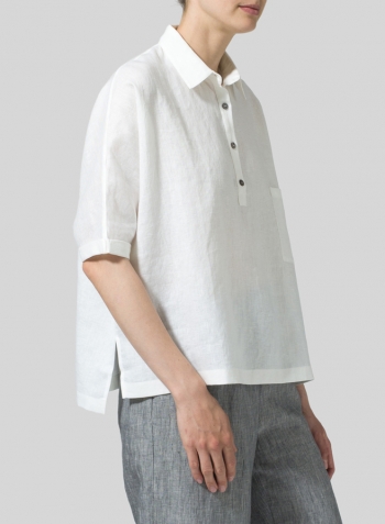 White Linen Classic Collar Short Sleeves Shirt