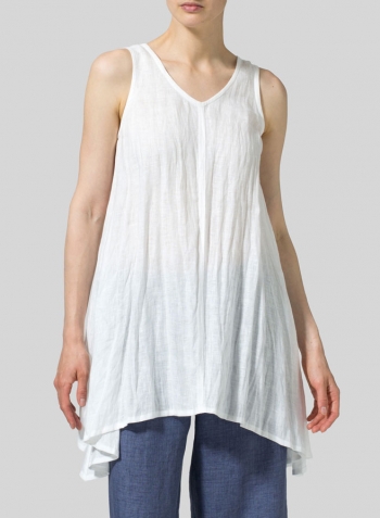 White Linen Sleeveless V-Neck A-shape Top