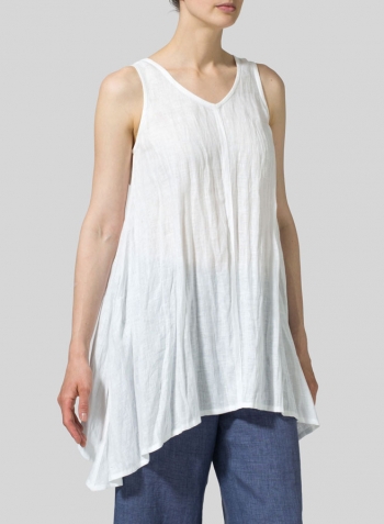 White Linen Sleeveless V-Neck A-shape Top