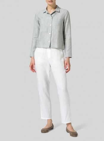 Two Tone Light Gray Linen Cropped Shirt Jacket with Pockets