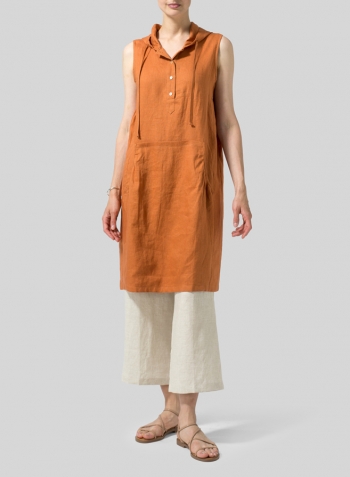 Sun Orange Linen Sleeveless Hoodie Long Tunic