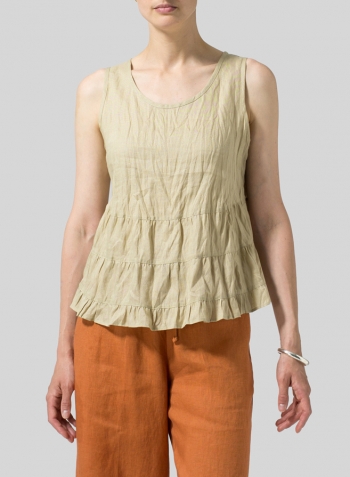 Light Khaki Linen Sleeveless Pleated Blouse