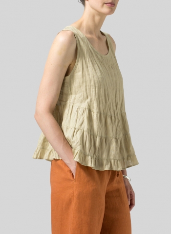 Light Khaki Linen Sleeveless Pleated Blouse