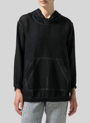 Black Lightweight Linen Oversized Hoodie Top