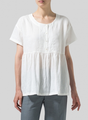 White Linen Dropped Shoulder Round Neck Top