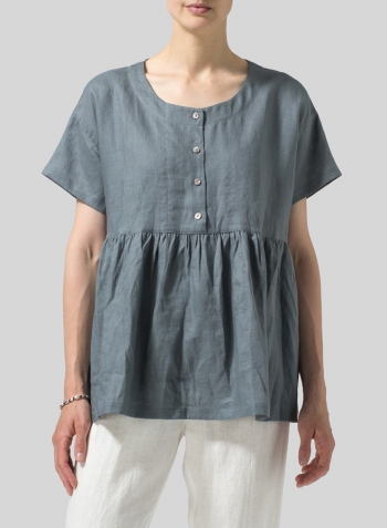 Cool Gray Linen Dropped Shoulder Round Neck Top