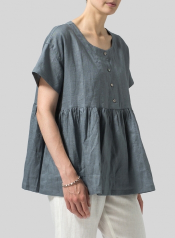 Cool Gray Linen Dropped Shoulder Round Neck Top