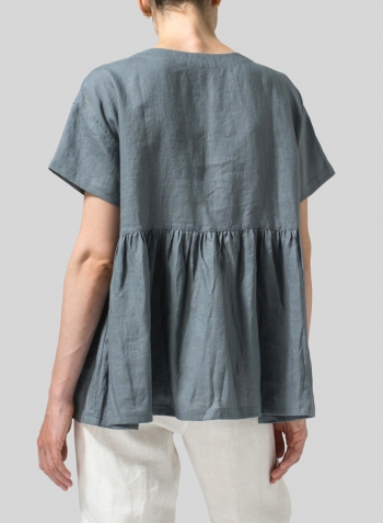 Cool Gray Linen Dropped Shoulder Round Neck Top