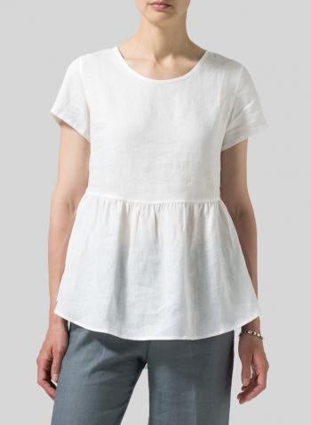 White Linen Short Sleeve Pleated Blouse