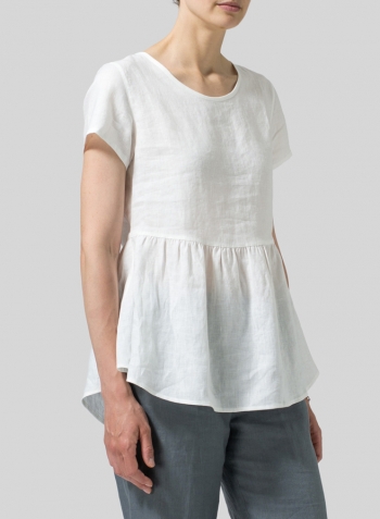 White Linen Short Sleeve Pleated Blouse