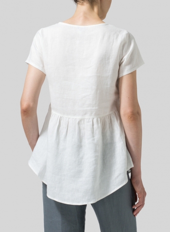 White Linen Short Sleeve Pleated Blouse