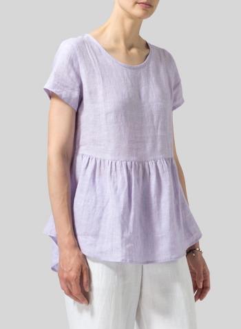 Pastel Mauve Linen Short Sleeve Pleated Blouse