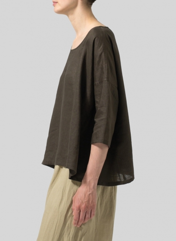 Olive Brown Linen Dropped Shoulder Top