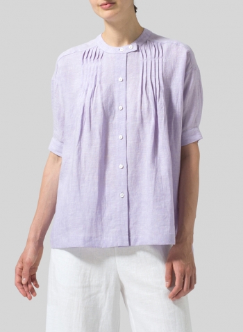 Pastel Mauve Linen Pintucked Short Sleeves Blouse