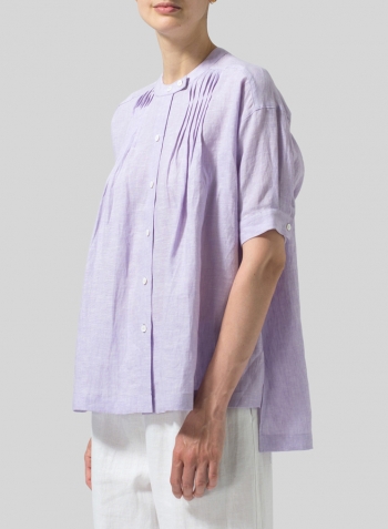 Pastel Mauve Linen Pintucked Short Sleeves Blouse