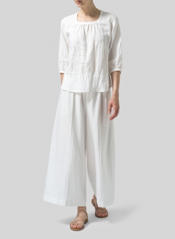 White Linen Three-Quarter Bishop-Sleeve Blouse