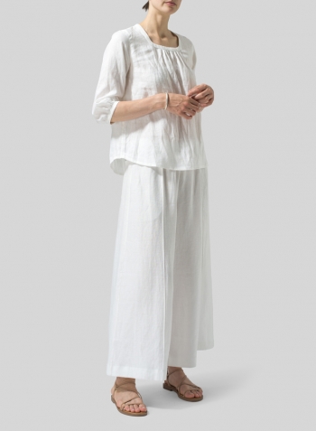 White Linen Three-Quarter Bishop-Sleeve Blouse