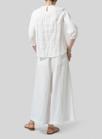 White Linen Three-Quarter Bishop-Sleeve Blouse