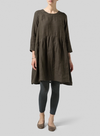 Dark Olive Brown Linen A-line Long Top