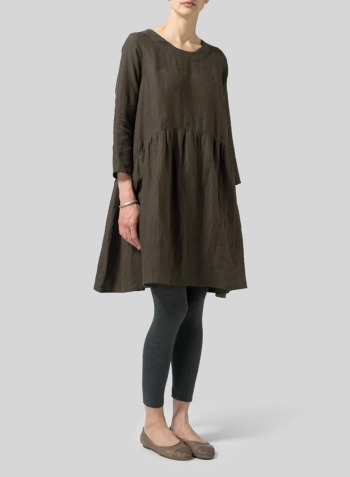 Dark Olive Brown Linen A-line Long Top