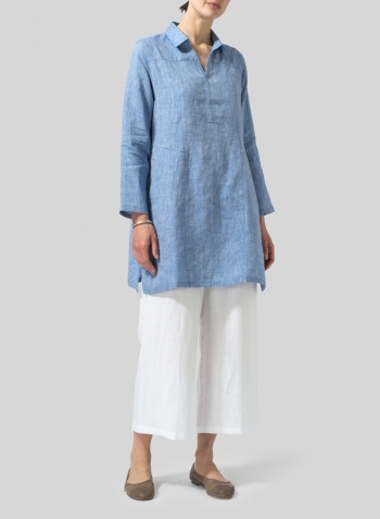 Two Tone Blue White Linen L/Sleeves V-Neck Tunic