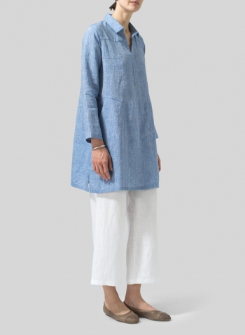 Two Tone Blue White Linen L/Sleeves V-Neck Tunic