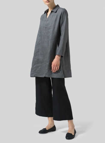 Dark Gray Linen L/Sleeves V-Neck Tunic