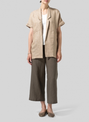 Two Tone Beige Twill Weave Linen Oversized Short Sleeve Jacket