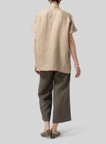 Two Tone Beige Twill Weave Linen Oversized Short Sleeve Jacket