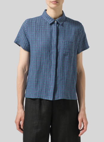 Teal Tartan Plaid Linen Short Sleeve Mini-point Collar Shirt