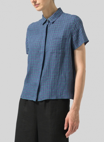 Teal Tartan Plaid Linen Short Sleeve Mini-point Collar Shirt