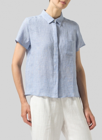 Blue White Linen Short Sleeve Mini-point Collar Shirt