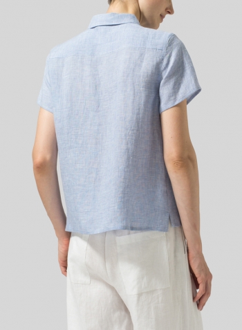 Blue White Linen Short Sleeve Mini-point Collar Shirt
