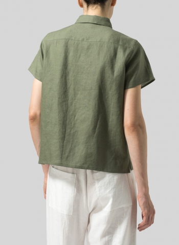 Khaki Green Linen Short Sleeve Mini-point Collar Shirt