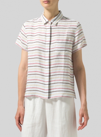 Multi-color Weave Linen Short Sleeve Mini-point Collar Shirt
