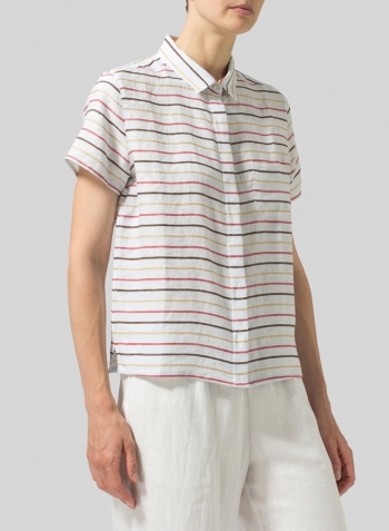 Multi-color Weave Linen Short Sleeve Mini-point Collar Shirt