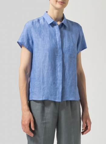 Sky Blue Linen Short Sleeve Mini-point Collar Shirt