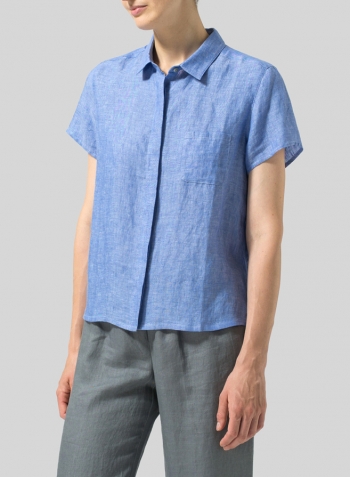 Sky Blue Linen Short Sleeve Mini-point Collar Shirt