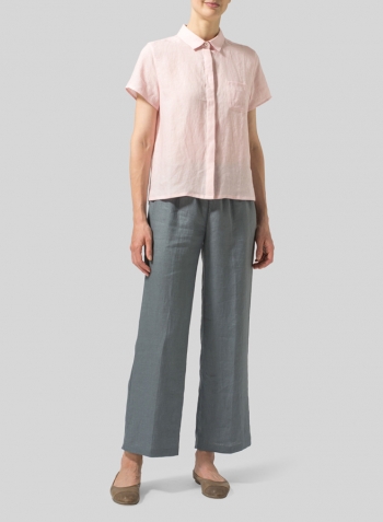 Baby Pink Linen Short Sleeve Mini-point Collar Shirt