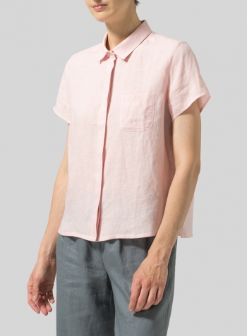 Baby Pink Linen Short Sleeve Mini-point Collar Shirt